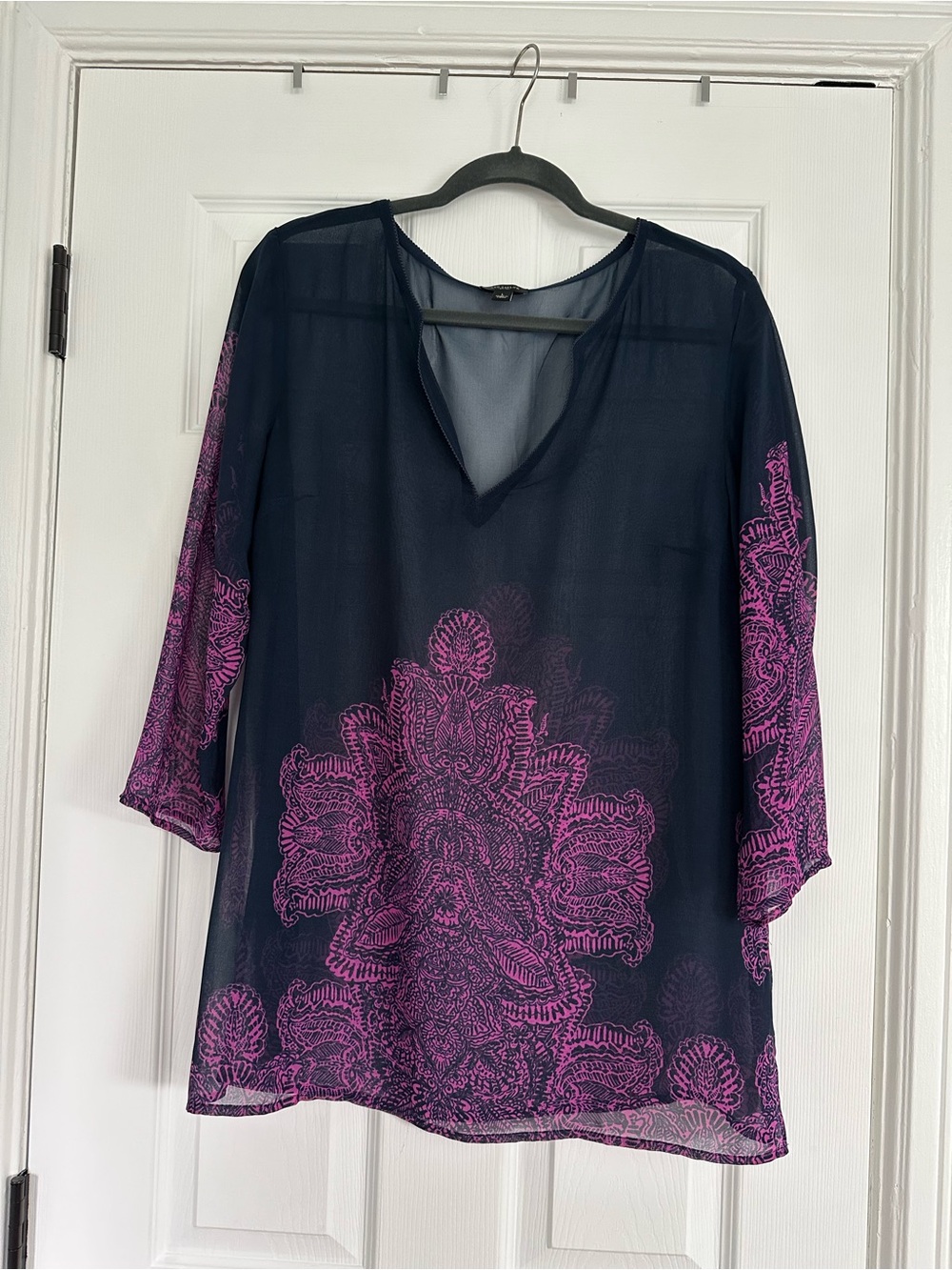 Ann Taylor Navy Sheer Tunic with Pink Paisley Motif